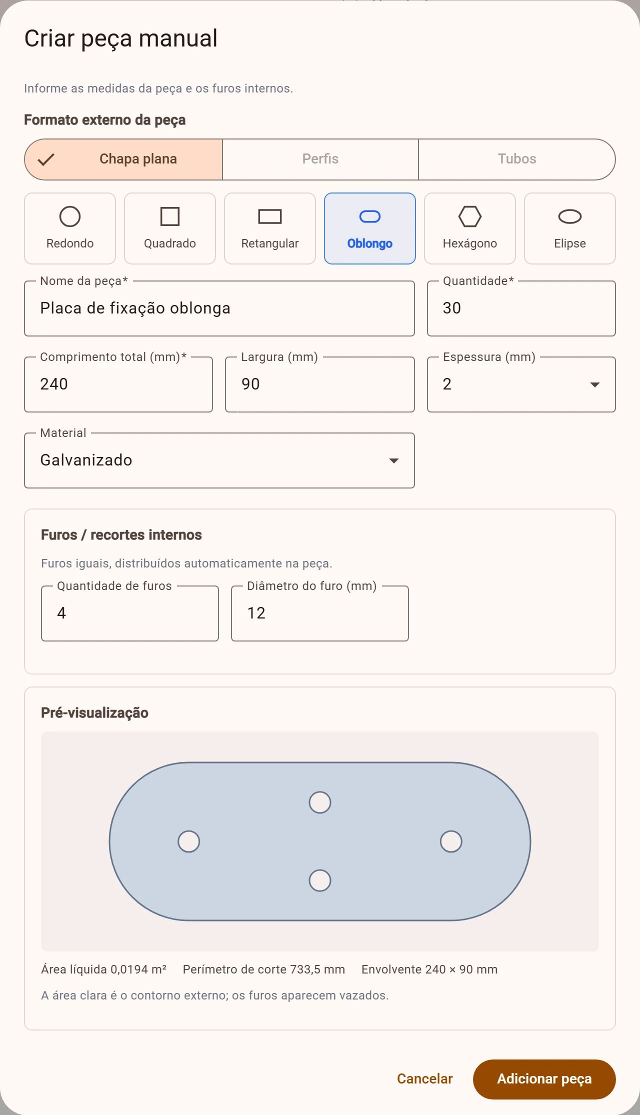 Tela para criar uma peça oblonga de 240 por 90 milímetros com quatro furos e a pré-visualização da peça
