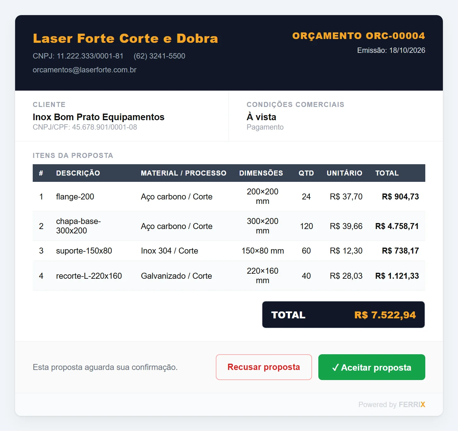 Página do cliente com o orçamento, os itens, o total e os botões Recusar proposta e Aceitar proposta